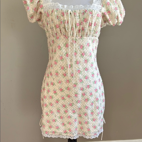 For Love & Lemons Maxine Vintage Rose Pink Floral Puff Sleeve Mini Dress Size M - Picture 8 of 17